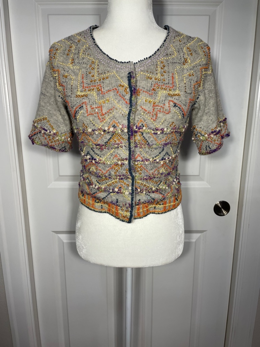 Anthropologie Wool Cropped Sweater Cardigan Small Embellishment Beads Multicolor
